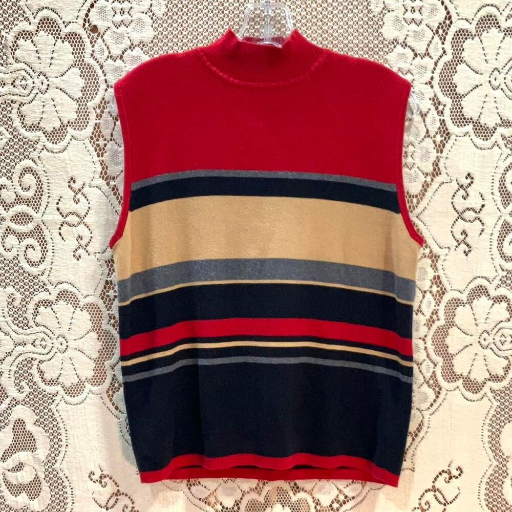 VTG 90s Sag Harbor Striped Color Block Striped Cotton Mock Neck Sweater Vest